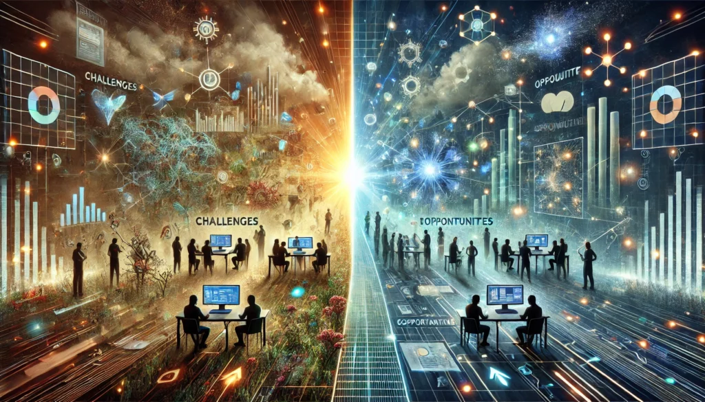 A conceptual depiction of the challenges and opportunities in AI-driven search. The scene features a futuristic digital landscape split into two contr