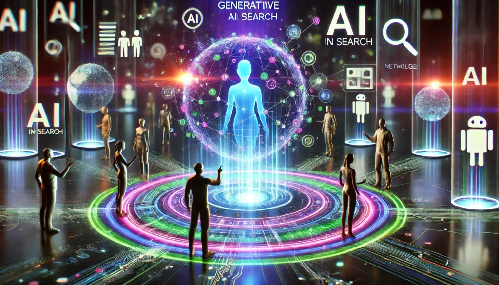 A conceptual illustration of generative AI in search, showcasing an AI-powered interface creating content dynamically. The scene includes human figure