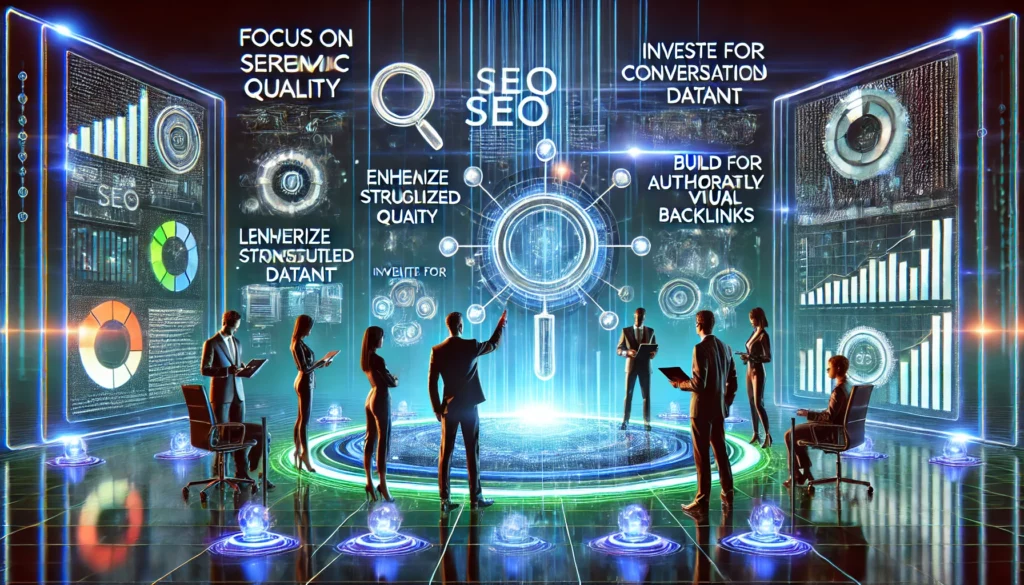 A futuristic illustration defining strategies to optimize for AI-driven search engines, incorporating specific focus areas. The scene features a digit